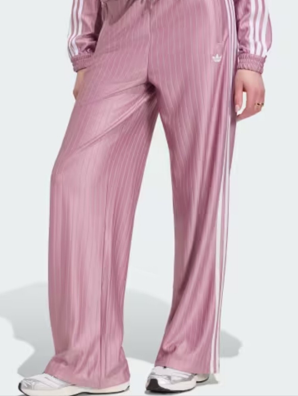Adidas Women Pink Pinstripe Wide-Leg Track Pants with White Side Stripes